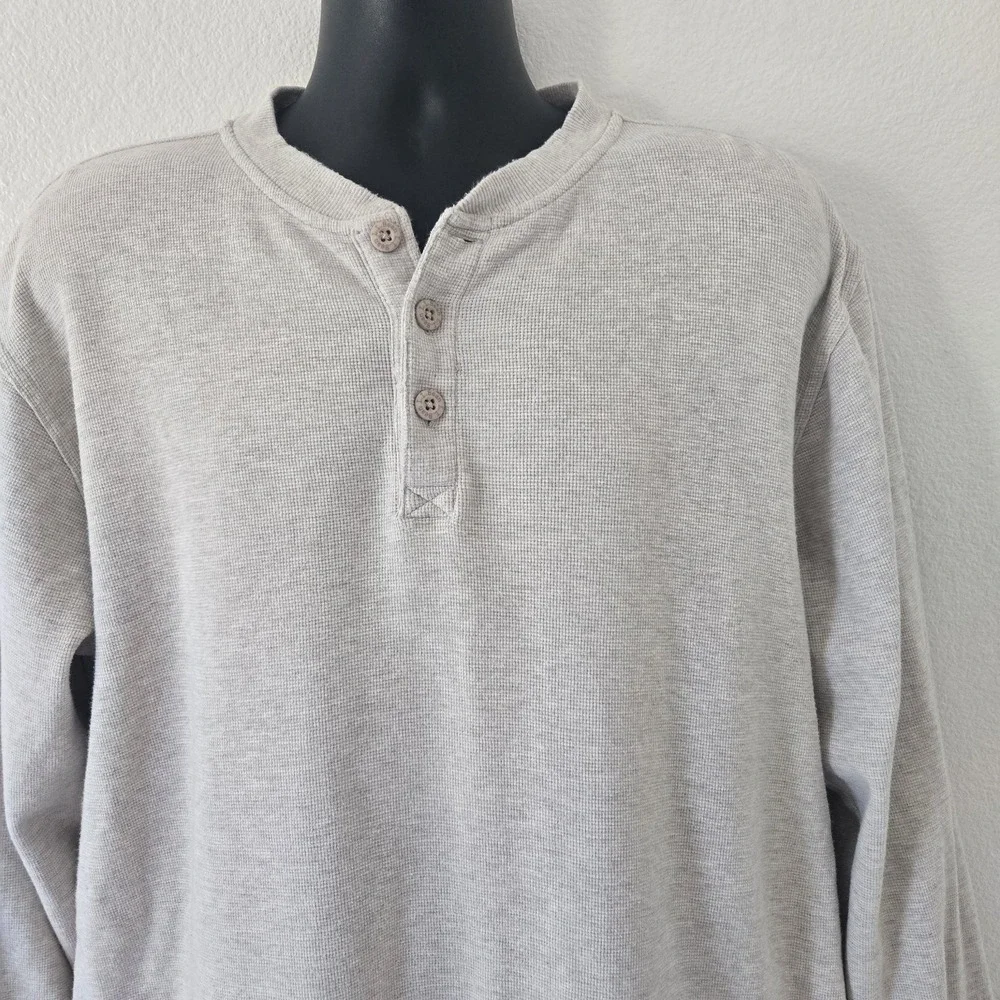 LL Bean Mens Large Beige Cotton Thermal  Long Sleeve Henley Shirt Waffle Knit